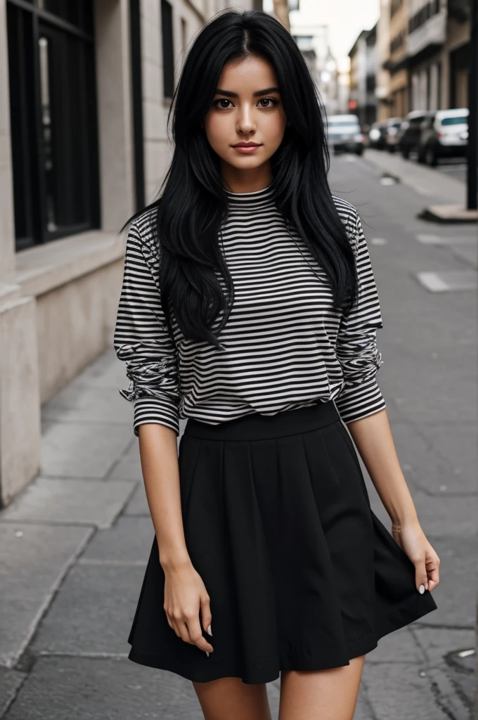 She is a woman, she has a black and white striped shirt, she has black eyes, she has long black hair, she has a black skirt, and she has a black fuzzy.