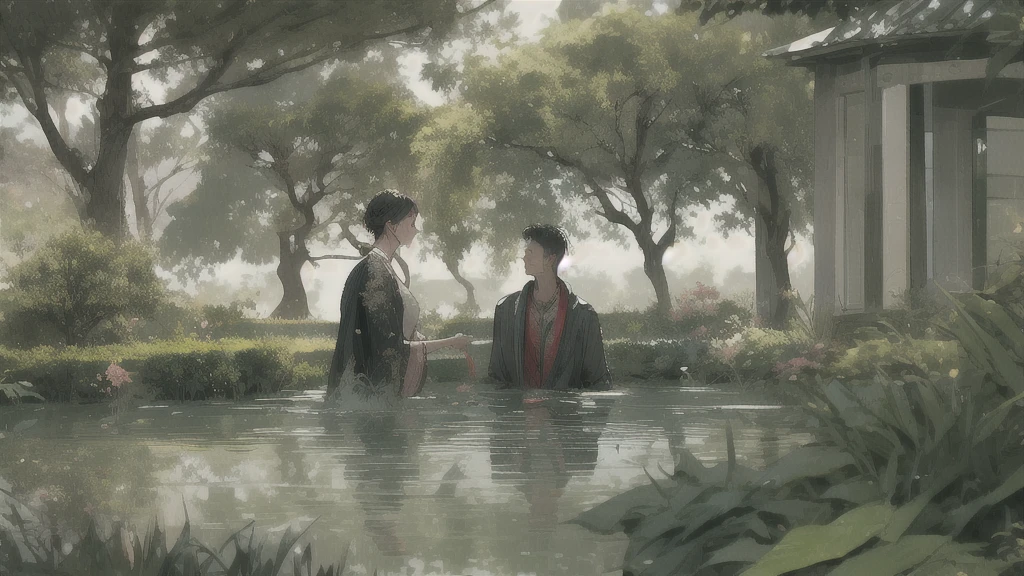 show 2 people, a beautiful woman showering in a pond, a young man hiding behind the tree