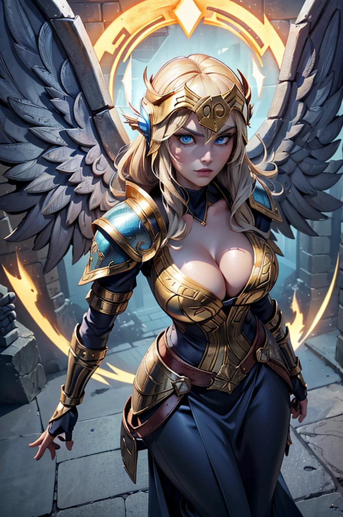 a full body shot of A blonde woman, (glowing blue eyes), pretty face, full face flying over a city, hovering, (pov from above). medium length straight hair over one shoulder. she wears shiny dark blue armor with gold trim (deep v-neck and exposed cleavage:1.3). City street below. large breasts, hex pattern on armor, intricate runes carved on armor, reflective surface, and a (Norse helmet with wings on the side covers her head:1.3), intricate details, armored glove, (left glove is gold with gemstones and runes). a stern expression on her face. (highres:1.3) (4k,8k,best quality, masterpiece), full-body image, volumetric lighting, lens flare.