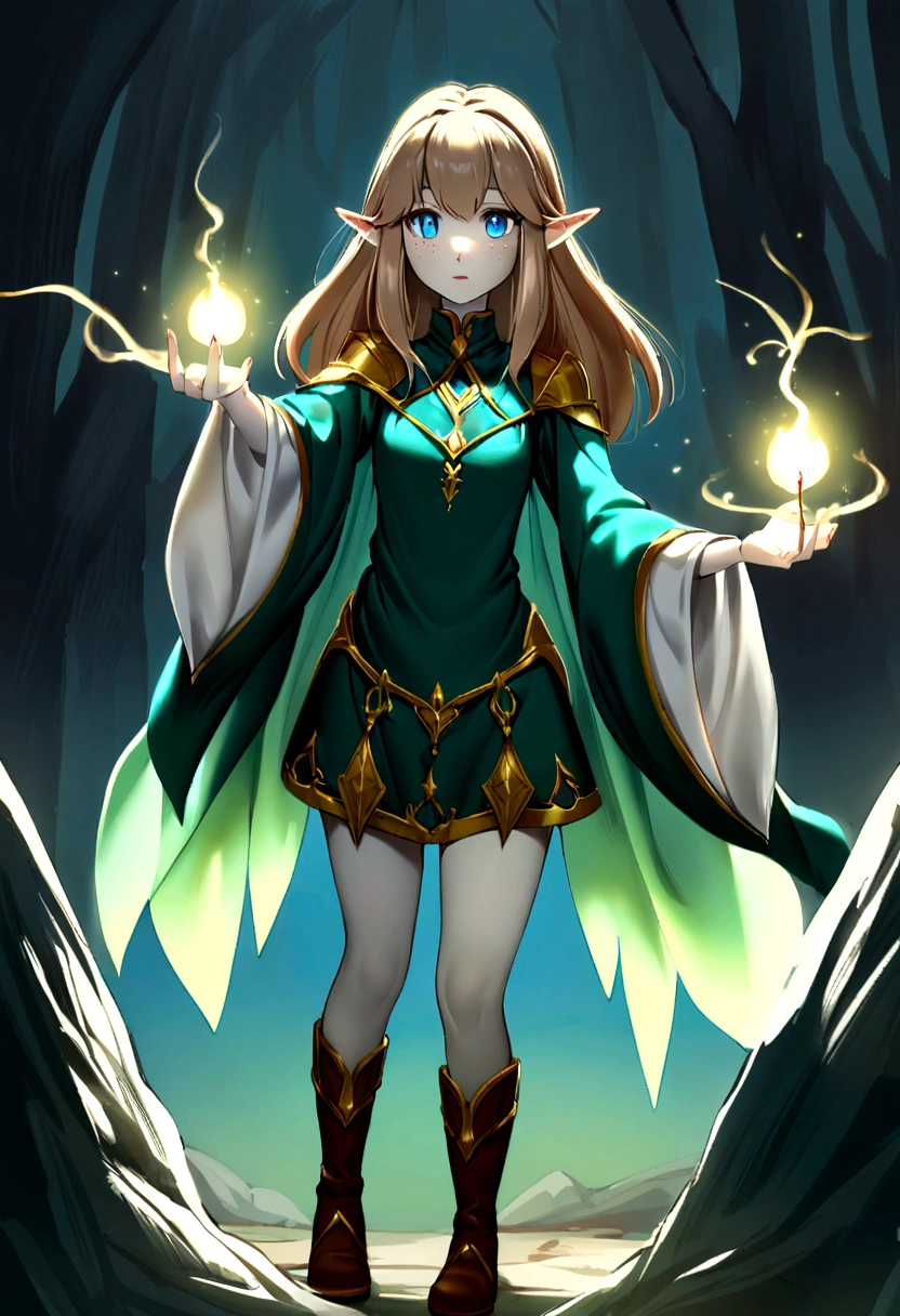 Young elven woman, long brown hair, pale skin, blue eyes, short clothes, short, dark fantasy, long ears, friendy, roughly drawn