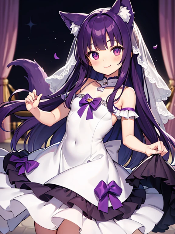 Cute, young, flat chest, 10 years old, wedding dress, wolf ears, fluffy tail, dark purple hair, dark purple tail, smiling