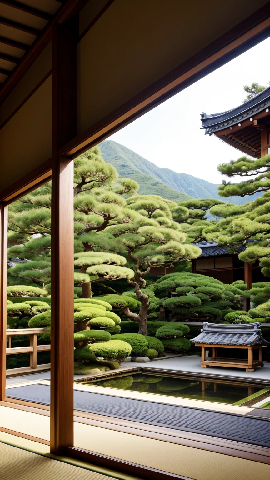 "Generate an image of a traditional Japanese kominka house interior with a view of the surrounding landscape. The room should have tatami mats, sliding shoji doors, and a low wooden table with zabuton cushions. Outside the open shoji doors, show a serene Japanese garden with a stone lantern, a small koi pond, and carefully pruned bonsai trees. In the background, there should be a glimpse of rolling hills and a distant view of Mount Fuji under a clear blue sky. The overall atmosphere should be peaceful and reflective of traditional Japanese aesthetics."