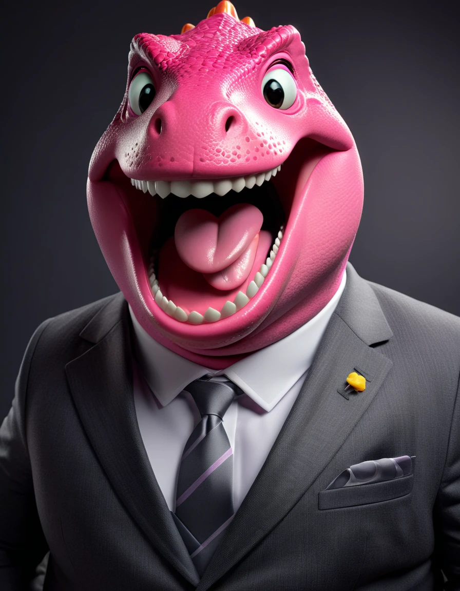face close up photo of anthropomorphic fat pink dinosaur,(sharp teeth), dressed in a dark gray suit, (sticking out tongue:1.5),(happy smile:1.5),(naughty look), roomlighting, Cinematic, hdr, primitive, Intricate, High quality, smoothing tones, Intricate details, Low contrast,(viewed from above:2.0), (looking up to the side:1.8), simple background
