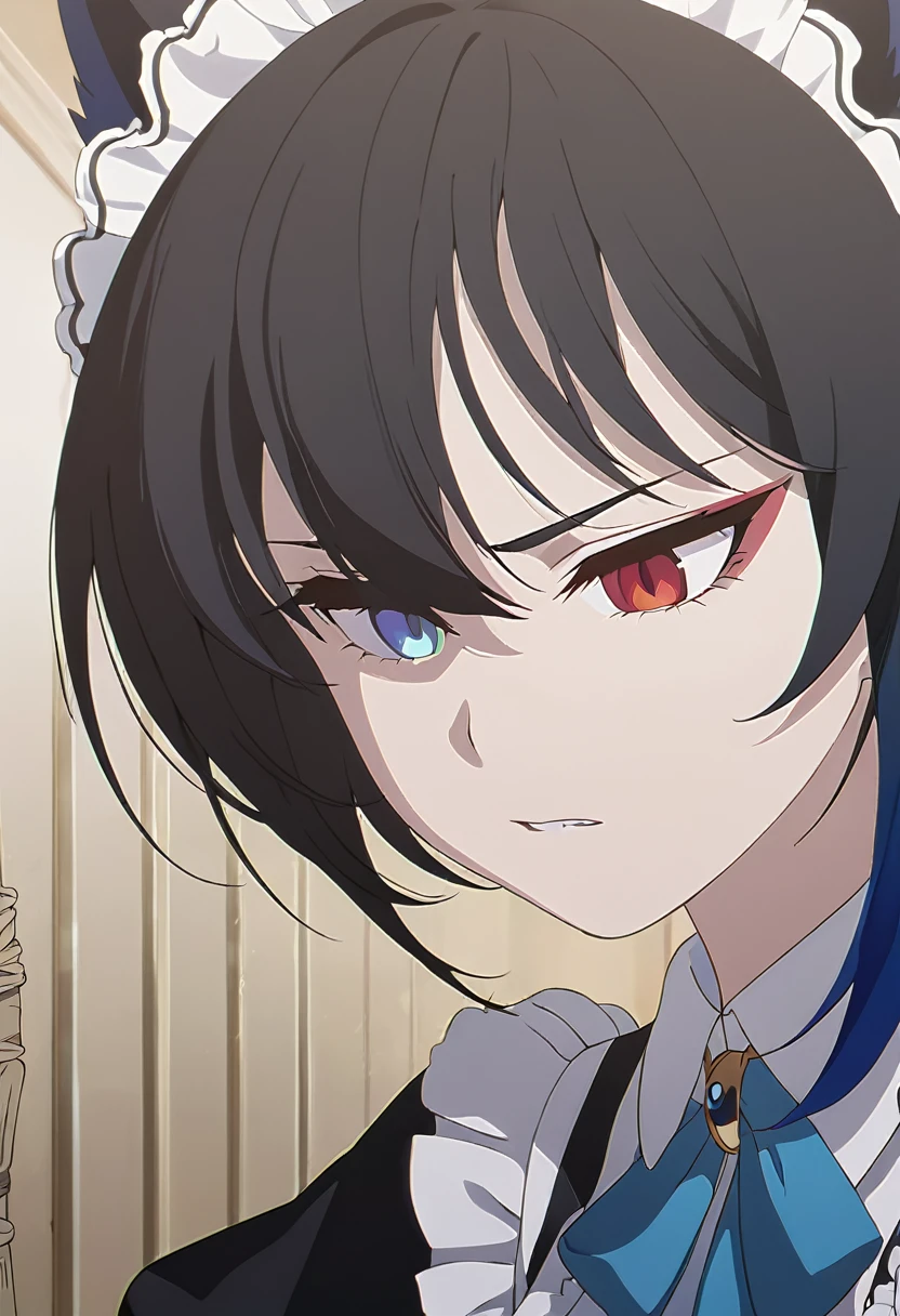 a beautiful blue and black kitsune, detailed portrait, intricate details, sensual, 1girl, long black hair, long black With blue tips tail, heterochromia(one blue eye,one red eye), anime style, lady maid outfit With a broom cleaning a hallway,