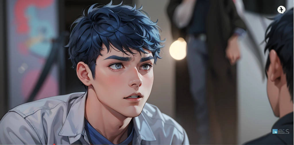 two cute boys with blue hair and the other with black hair are talking to him with concern, something bad is happening.