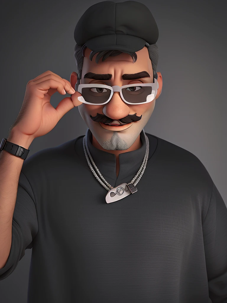 gray shirt and mustache and glasses