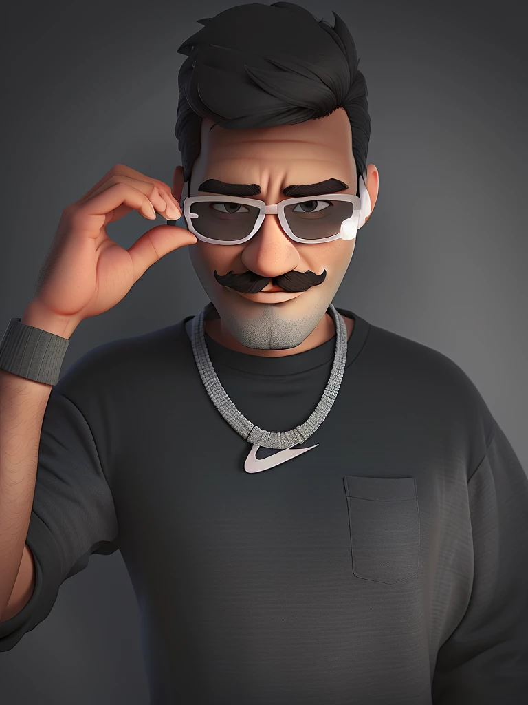 gray shirt and mustache and glasses