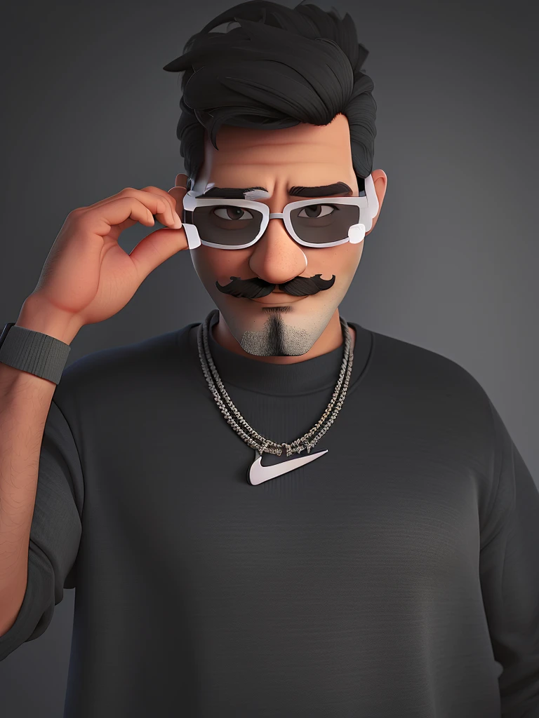 gray shirt and mustache and glasses