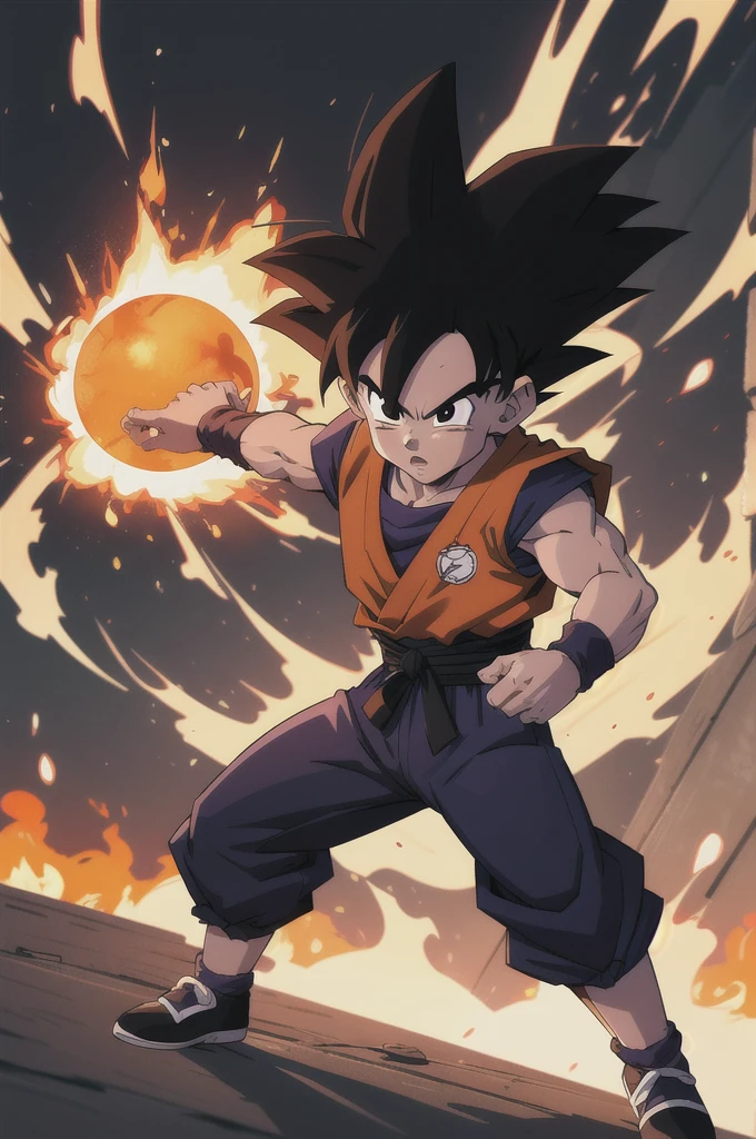 Manga style, illustration, line art style, high quality, manga masterpiece, highres, very detailed, digital illustration, small ??? Goku, Dragonball, black hair, spiked hair, real goku clothes orange color, black belt and black shoes, fire ball, destroying Vegetta, dougi, solo male , outdoors,fighting,