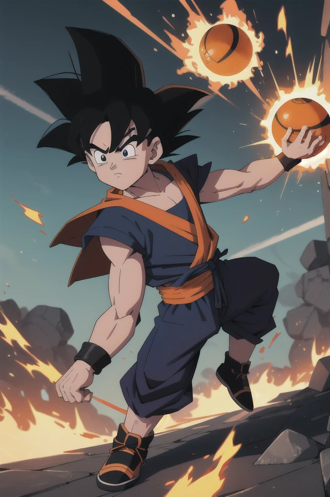 Manga style, illustration, line art style, high quality, manga masterpiece, highres, very detailed, digital illustration, small Kid Goku, Dragonball, black hair, spiked hair, real goku clothes orange color, black belt and black shoes, fire ball, destroying Vegetta, dougi, solo male , outdoors,fighting,