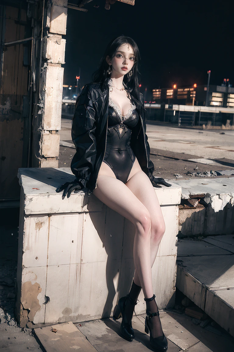 masterpiece, Highest quality,dnfSpectre, Earrings, Cleavage, (Black jacket), Black leotard, pantyhose, Black gloves, sunglasses, night, Abandoned City, Large Breasts,(NSFW:1.0), ((Long white hair))