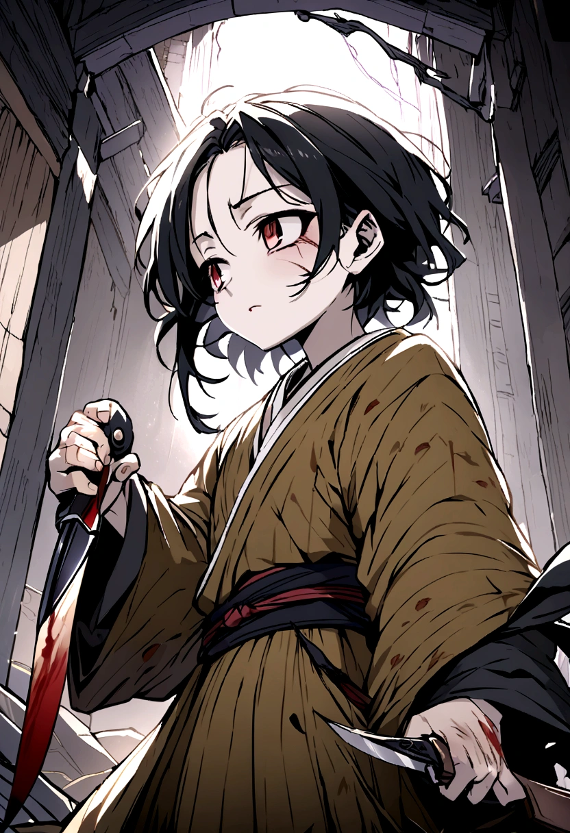 ager, Bblack hair, one eye black and the other yellow, kimono all torn and very faint purple in color, body scratches and bleeding, and holding a knife