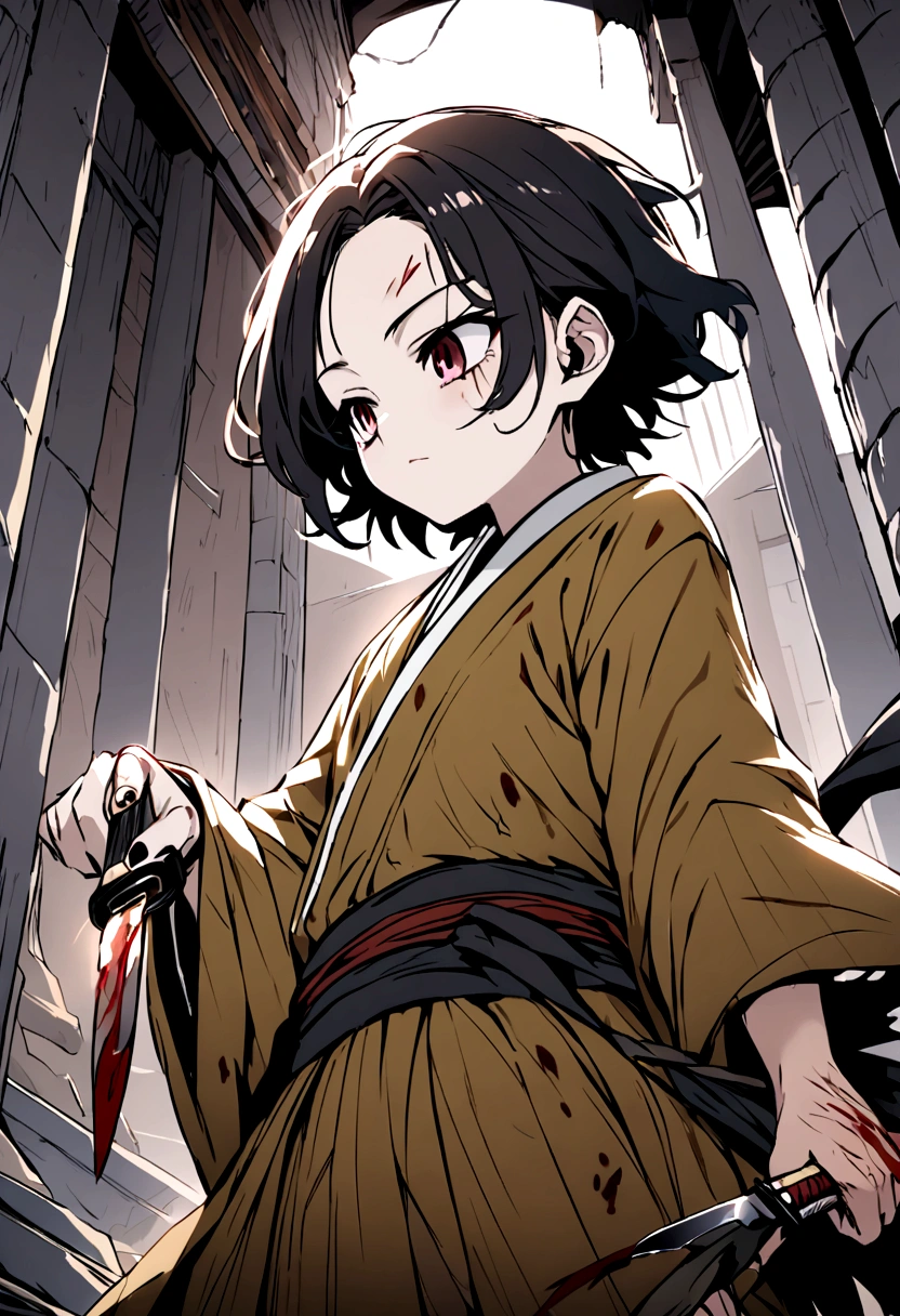 teen ager, Bblack hair, one eye black and the other yellow, kimono all torn and very faint purple in color, body scratches and bleeding, and holding a knife