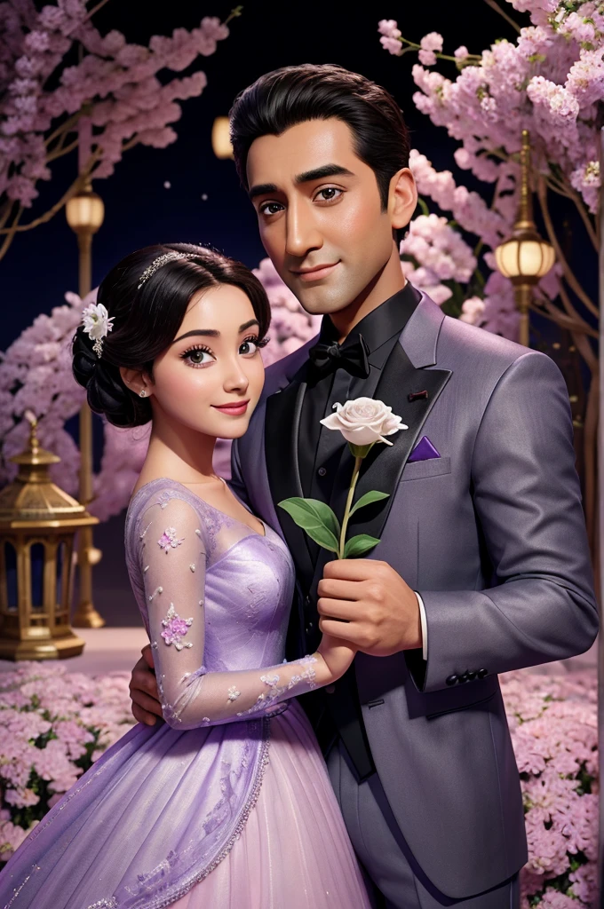 create disney pixar poster that says “ abhishek” with 1 boy wearing purple wedding dress, holding flower, and 1 man wearing dark grey suite, who fell in love and looking at each other, japanese background, cute 3d animation