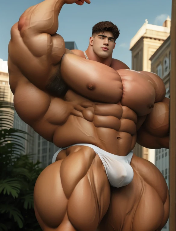 1boy, giant, alone, giant bodybuilder, illuminating light, strong body, bulk, large size, standing, with panoramic background, outdoor, nude, armpit, white triangular underwear, thick bulge, scratch his bulge, extraordinary big, brutalmass, giant muscular body, bulk, buff, massive body, large meaty body size, extremely wide body