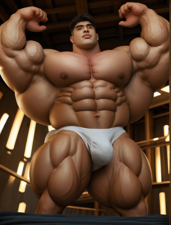 1boy, giant, alone, giant bodybuilder, illuminating light, strong body, bulk, large size, standing, with panoramic background, outdoor, , armpit, white triangular underwear, thick bulge, scratch his bulge, extraordinary big, brutalmass, giant muscular body, bulk, buff, massive body, large meaty body size, extremely wide body