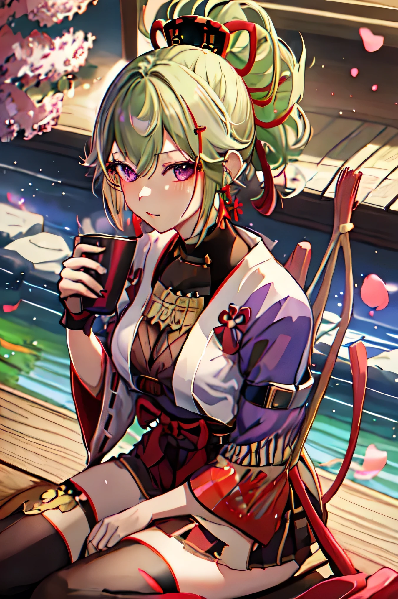 best quality, masterpiece, highres, solo, {kuki_shinobu_genshin:1.15}, green_hair, purple_eyes, bangs, ponytail, hair_between_eyes, hair_ornament, breasts, 1girl, alternate_costume, hakama, holding, japanese_clothes, long_sleeves, looking_at_viewer, miko, red_hakama, white_background, hakama_skirt, kimono, skirt, white_kimono, wide_sleeves, closed_mouth, simple_background