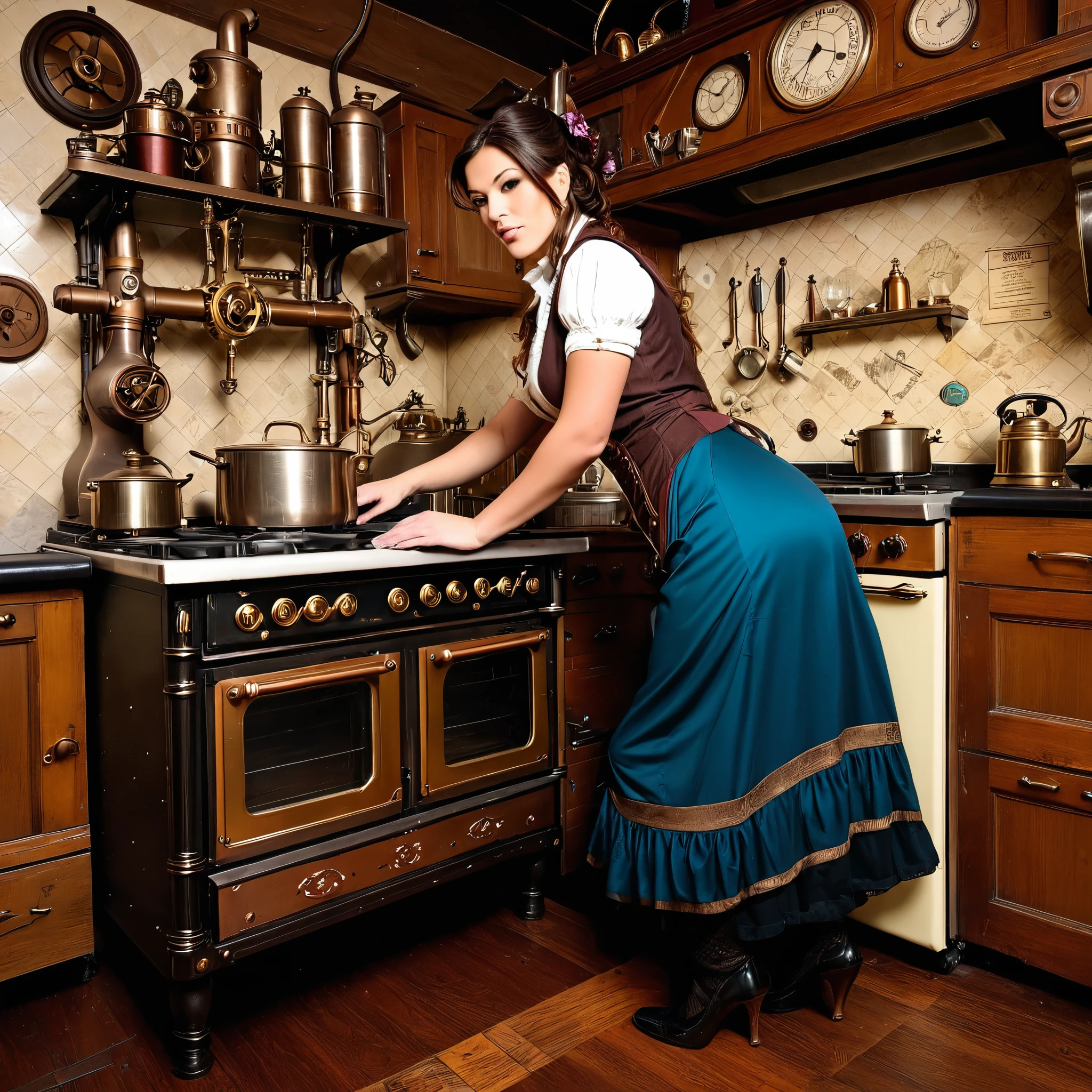 A steampunk-style illustration of a woman in a vintage kitchen, with mechanical elements, gears, and steam-powered appliances.
