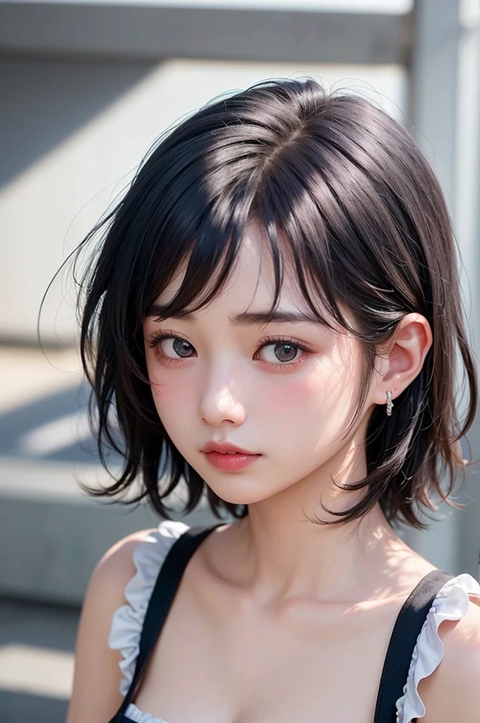 (1 nogizaka girl,15years old face,raw photo,photo realistic:1.5),(best quality, high quality,HDR, highest quality,ultra high resolution,high resolution,high res,ultra high difinition,huge file size,8K,2K wallpaper,8K wallpaper,high quality texture,amazing,an extremely delicate:1.4),one girl, Japanese famous idol,cute face,small face,absurd,ridiculous,incredibly ridiculous,blurry background,(sundress,short hair,cleavage,no makeup:1.2),medium skin,beautiful skin,detailed skin,black hair,silky hair,black eyes,Japanese nose,5-fingers,(Light Particles, Lens Flare, Luminous Particles: 0.7),looking at viewer,bright lighting,professional lighting,girl