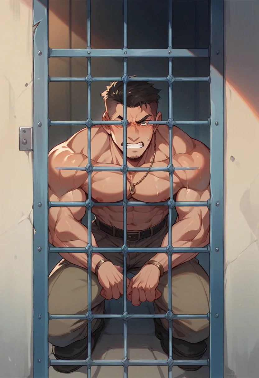 Create an image of a man in jail handcuffed and tied to his cell