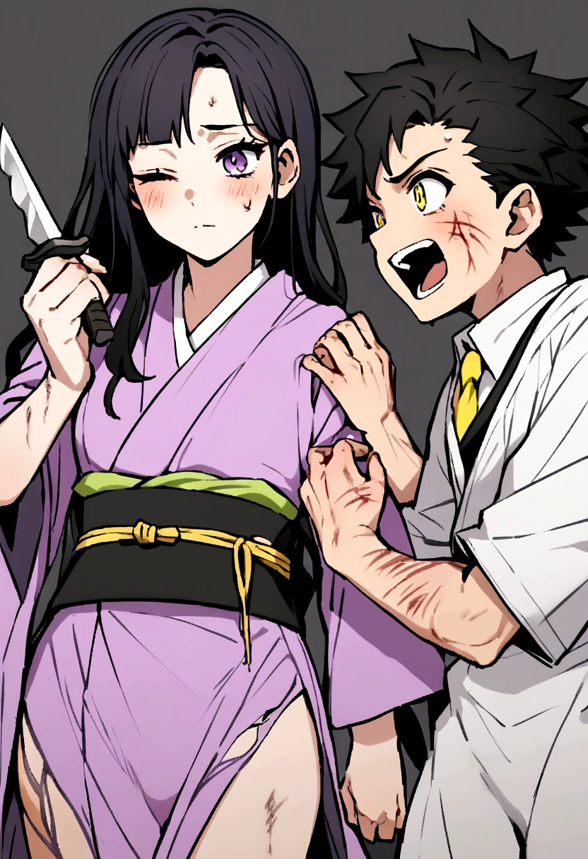 r, Bblack hair, one eye black and the other yellow, kimono all torn and very faint purple in color, body scratches and bleeding, and holding a knife