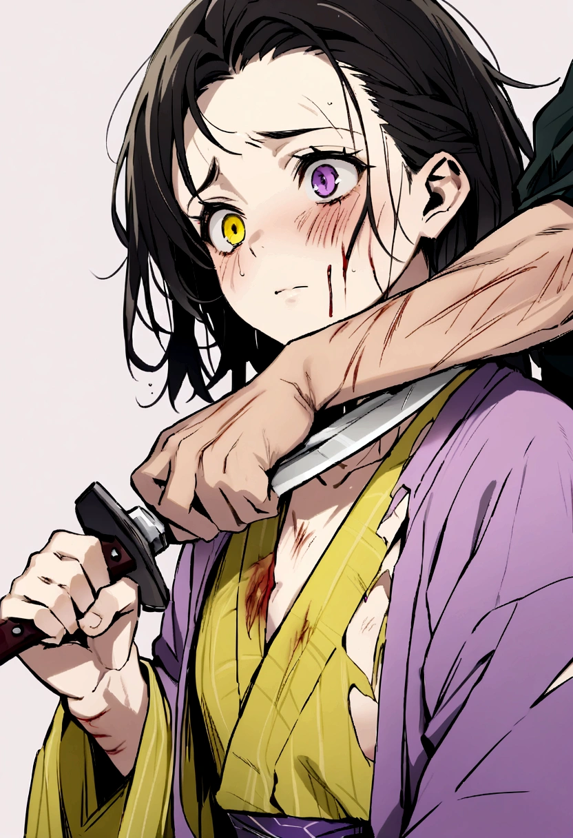 ager, Bblack hair, one eye black and the other yellow, kimono all torn and very faint purple in color, body scratches and bleeding, and holding a knife
