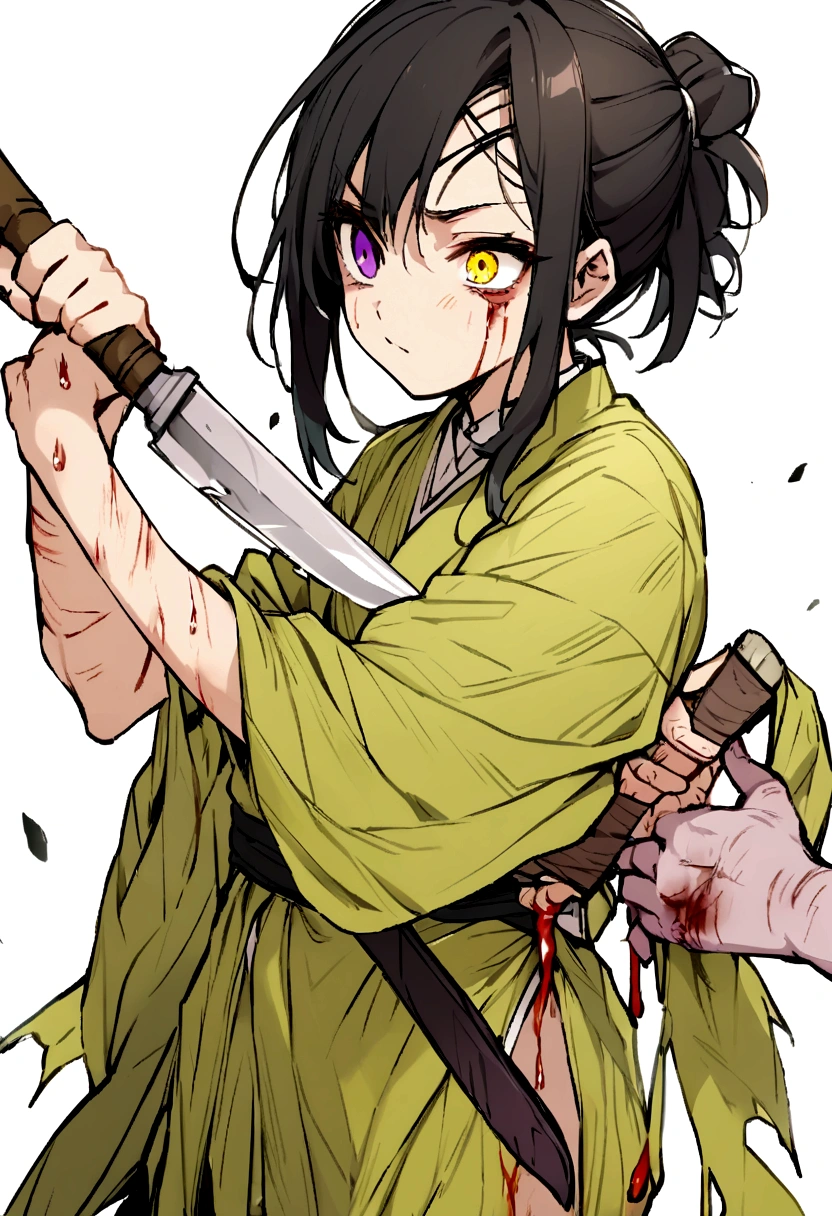 teen ager, Bblack hair, one eye black and the other yellow, kimono all torn and very faint purple in color, body scratches and bleeding, and holding a knife