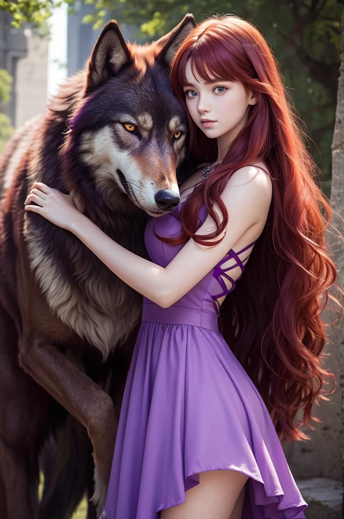 A sixteen year old girl, long red hair, has piercing green eyes. She is wearing a bright purple dress and behind her there is a giant wolf protecting her..