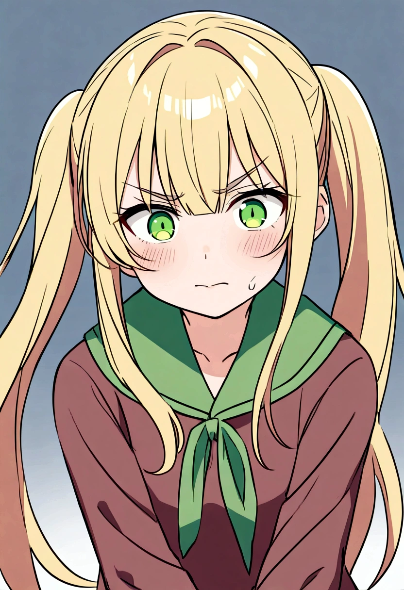 With blonde twin tails、The hair on both sides is tied up high.、
The bangs are straight、It is cut a little longer、
Eyes are large、The character has an anime-style design and sharp green eyes.、
Eyebrows are thin、There is a slight angle、Make a powerful impression、
The nose is small、It's not very noticeable though、It brings out the character's facial expression、
The mouth is small、Lightly closed、Her facial expression conveys her strong will and determination.、
The face shape is elongated、Cheekbones appear slightly higher、