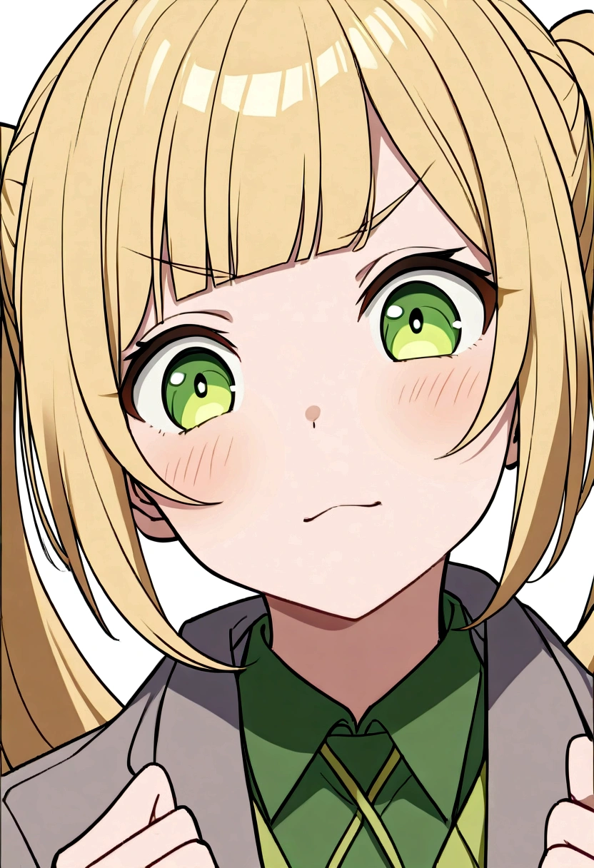 With blonde twin tails、The hair on both sides is tied up high.、
The bangs are straight、It is cut a little longer、
Eyes are large、The character has an anime-style design and sharp green eyes.、
Eyebrows are thin、There is a slight angle、Make a powerful impression、
The nose is small、It's not very noticeable though、It brings out the character's facial expression、
The mouth is small、Lightly closed、Her facial expression conveys her strong will and determination.、
The face shape is elongated、Cheekbones appear slightly higher、