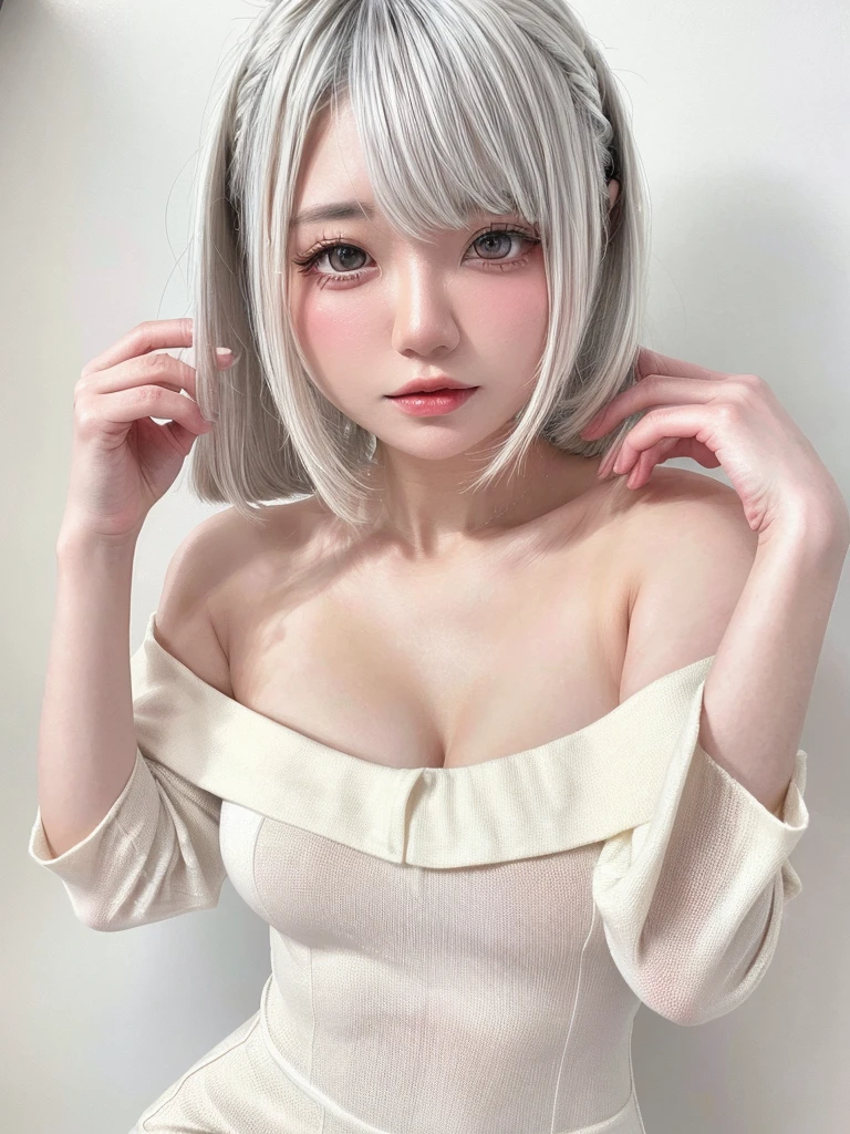 (((amount、White 、Asian Woman、beautiful girl、Silver Hair、White Background、)))、Tabletop, Highest quality, shape, Very detailed, finely, High resolution, 8k wallpaper, Perfect dynamic composition, finelyて美しい目, Deco Out, Medium Hair, Small breasts, Natural color lip,White Background, Random cute poses,White off-the-shoulder dress、See-through 1.5、