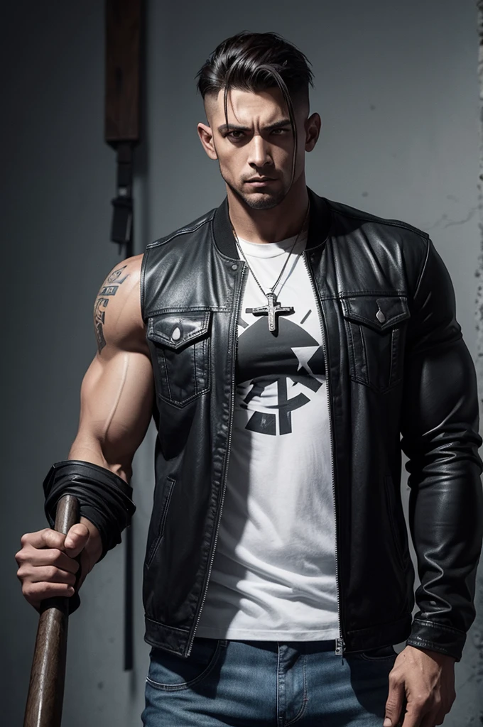 A former American soldier, with athletic physique containing 1,80cm high. With a crucifix necklace, wearing a black jacket and a white shirt underneath, wearing looser jeans. Holding a baseball bat wrapped in barbed wire, supporting him on his shoulder. HQ style art DC comics