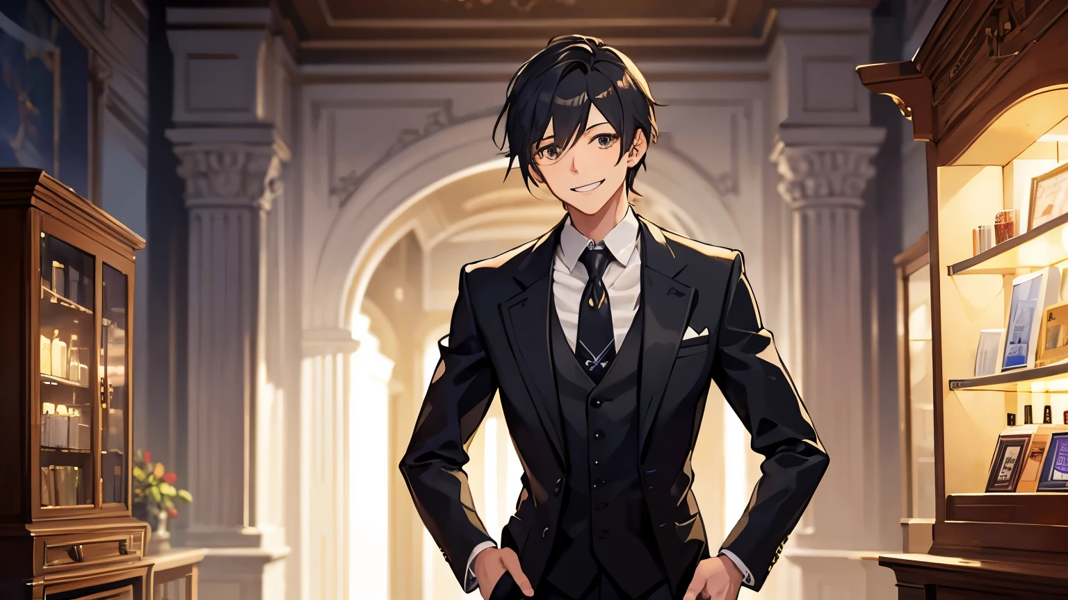 Very high quality, smiling butler, alone, inside the store at night, guild style