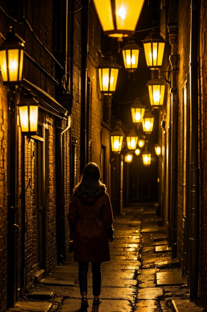 Woman in an alley full of lanterns