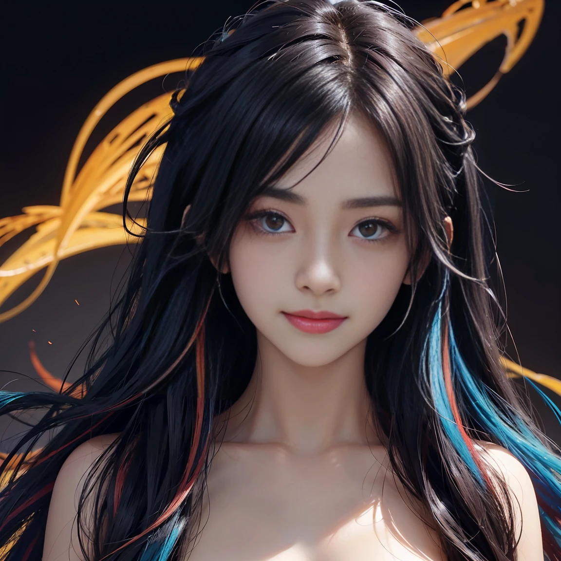 black hair, long eyelashes, light smile, tusk, striated hair, multicolored hair, colored inner hair, red hair, hair clip, mole under eyes, incompatible pupils, empty eyes, empty eyes, dilated pupils, heart-shaped pupils, smiling, shadow, anaglyph, depth of field, motion blur, brightness, color field painting, anime style, 8k, super detail, best quality, UHD, 8k