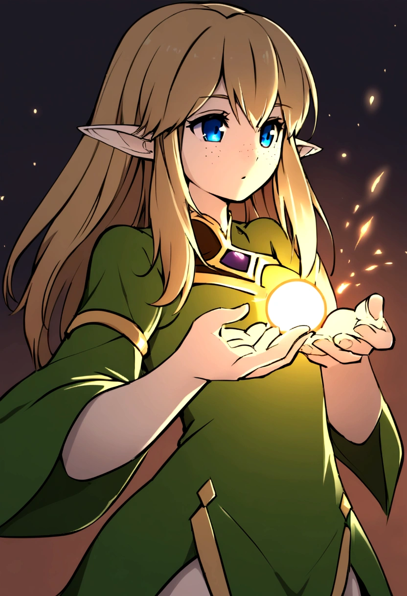 Young elven woman, pale skin, blue eyes, long brown hair, short clothes, short, dark fantasy, long ears, friendy, roughly drawn, freckles, casting a spell