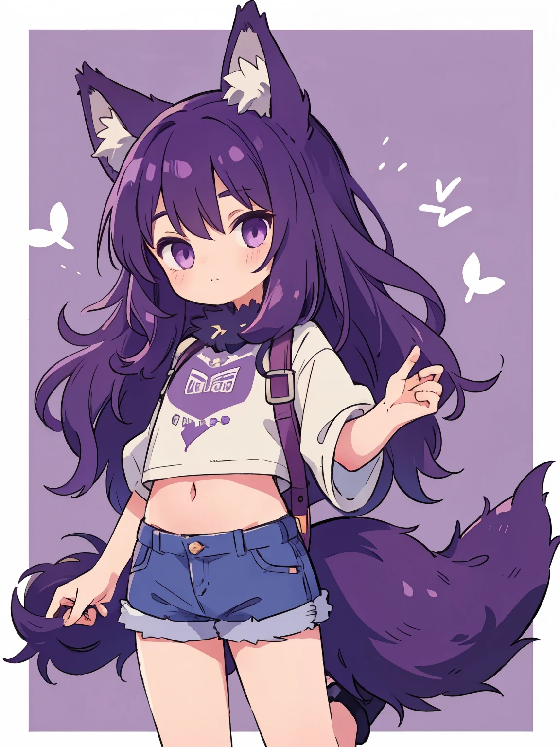 Cute, young, flat chest, 10 years old, shorts, crop-top, wolf ears, fluffy tail, dark purple hair, dark purple tail, vr headset