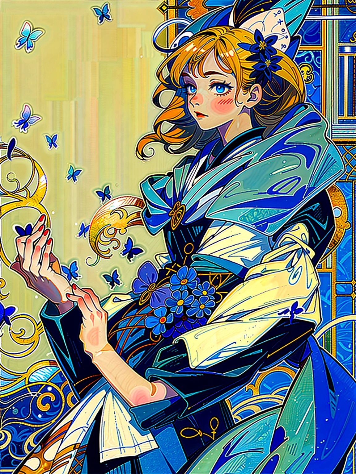 A girl jumps out of a botanical world, blue bird , Blue Butterfly, Background is white, william morrisのパターン, Japanese light novel cover image, 