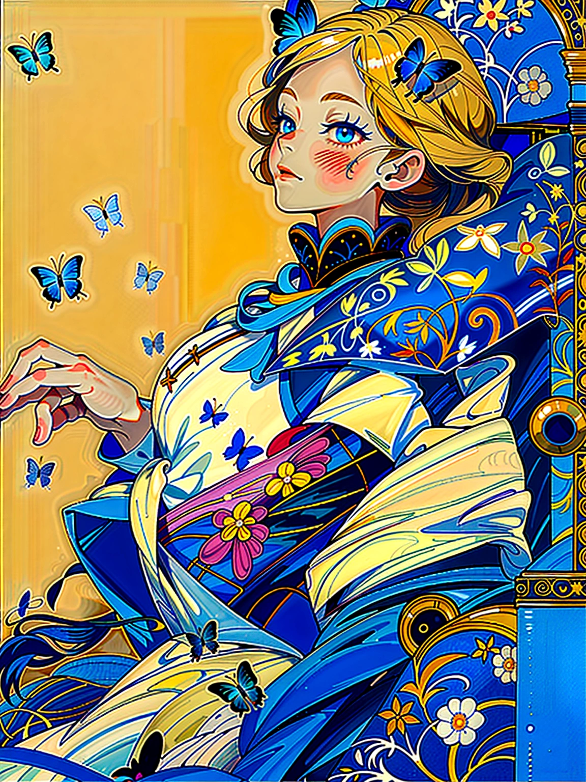 A girl jumps out of a botanical world, blue bird , Blue Butterfly, Background is white, william morrisのパターン, Japanese light novel cover image, 