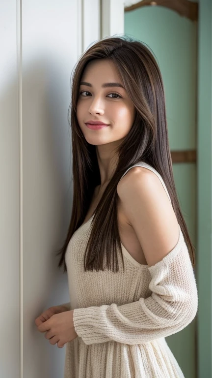 ((Best quality, 8k, Masterpiece :1.3)), 1girl, beautiful woman with emphasis on slender abs: 1.3, (long hair, big tits: 1.2), oversized tank top: 1.2, ultra-delicate face, delicate eyes, double eyelids, smile, home
((highest quality、8K、masterpiece:1.3))、ultra high resolution、(photogenuineistic:1.4)、table top、white wall、Taken in front of the white door、Photographed in natural light、Grey long-sleeved dress、Raw photo、Japanese,(face)、genuine、((profile))、Photographed in natural light、Highly detailed face and skin texture、highly detailed lips、correct state of the human body、straight hair、bright hair color、various poses、Natural color lip 、long hair、((Light brown straight hair))、straight hair、shot from behind、Don'don't look at the camera、angle from behind、Super detailed、30 generations、actress、Hair is straight、emphasizes the shine of hair