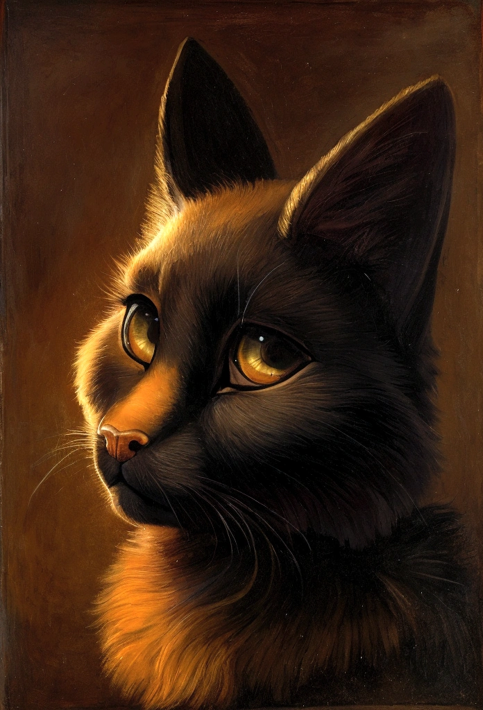Heavy oil painting, Rembrandt van Rijn, Close-up of a cute black cat with a mysterious look, Atmospheric setting,