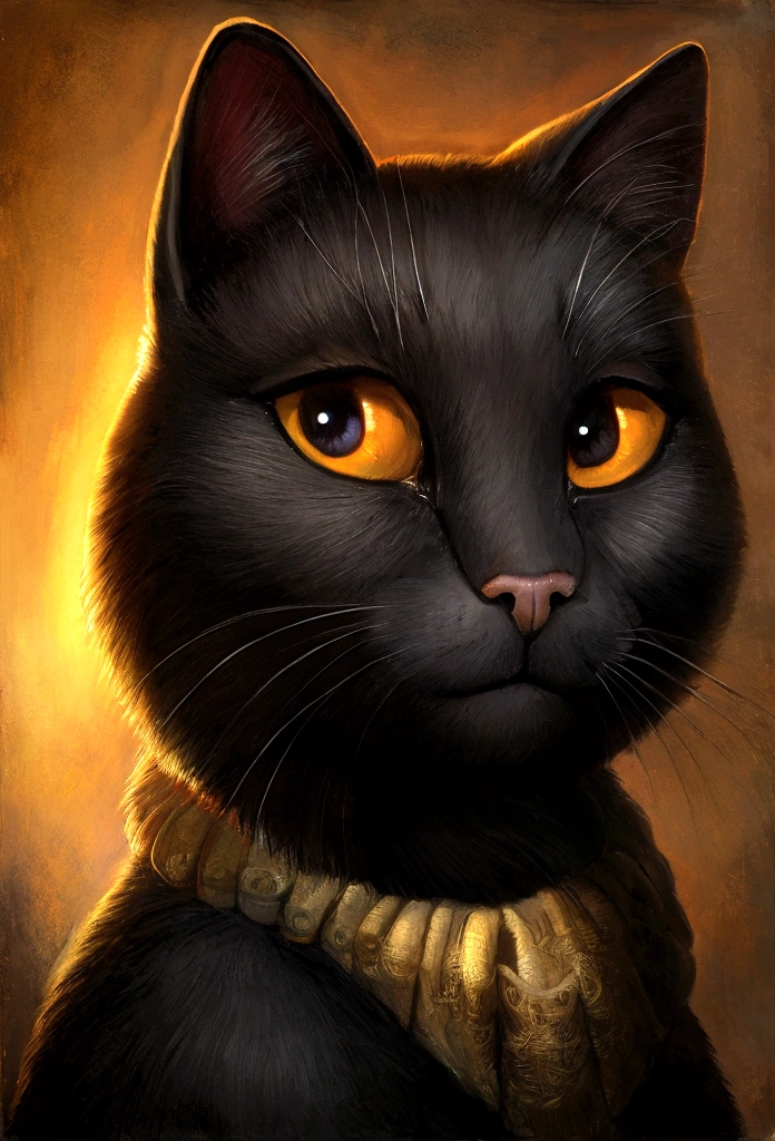 Heavy oil painting, Rembrandt van Rijn, Close-up of a cute black cat with a mysterious look, Atmospheric setting,