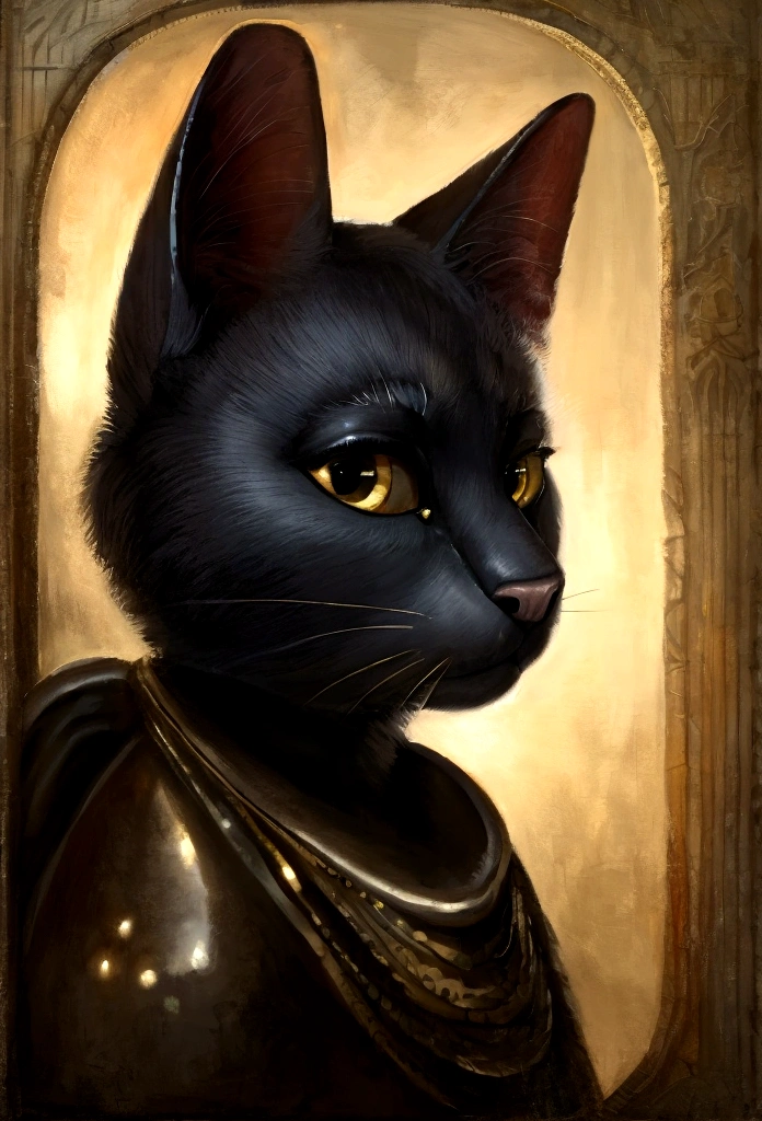 Heavy oil painting, Rembrandt van Rijn, Close-up of a cute black cat with a mysterious look, Atmospheric setting,
