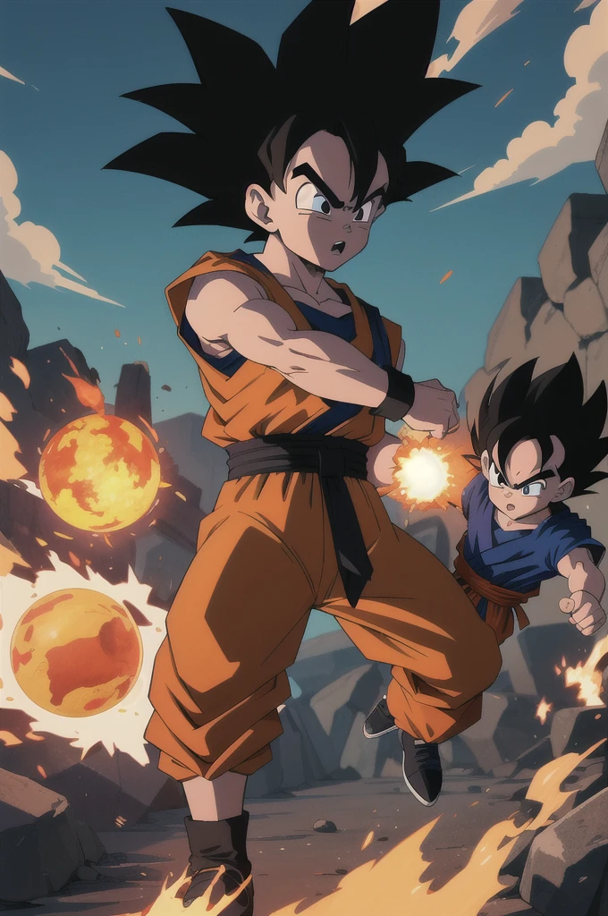 Manga style, illustration, line art style, high quality, manga masterpiece, highres, very detailed, digital illustration, small ??? Goku, Dragonball, black hair, spiked hair, real goku clothes orange color, black belt and black shoes, fire ball, destroying Vegeta in a combat, dougi, solo male , outdoors,fighting,