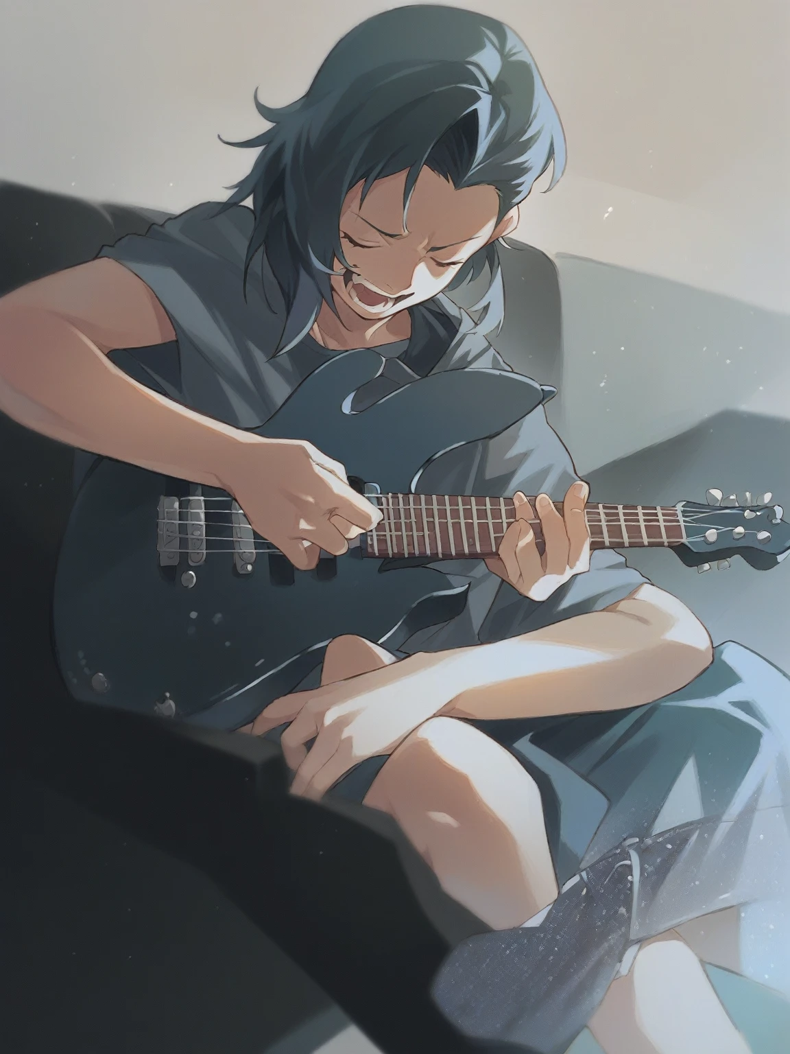 10 year old singing and playing guitar, anime styling