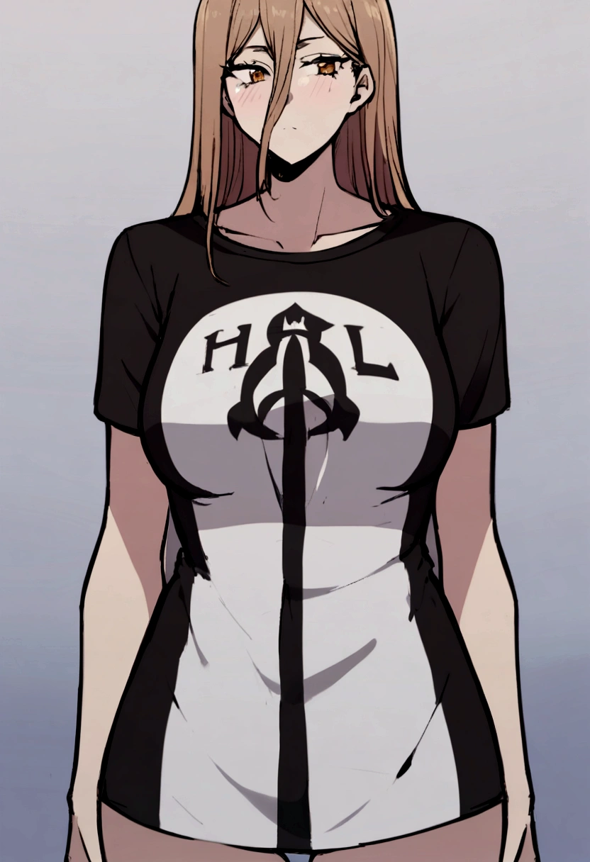 1 girl, wearing a sexy shirt,written the name Harl ,in the middle of the shirt.