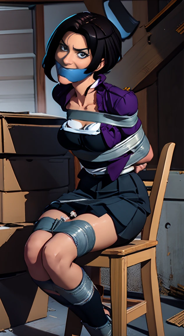 Highest quality, masterpiece, high resolution, 8k, cinematic lighting, sharp resolution, looking at viewer, various angles, medium shot, 1 woman with chin length hair, short hair, dark bob cut, thick hair, center part, sleek bob, stacked bob, voluminous hair, luxurious hair, in her 30s, purple blouse, knee length, skirt, dark stockings, and calf boots, baggy blouse, wrinkled clothing, detailed face, looking at viewer, focus on face, photo realistic, character, video game cut scene, smooth, anime, detailed face, perfect skin, beautiful, Insanely detailed, close up, duct tape gag, ((tape gag: 1.4)), gag, ((gagged)), (((arms bound behind back))), elbows taped, wrists taped, desperate struggle, thrashing, arched back, tied to chair chair tied, abducted, frightened, pleading eyes, desperate escape attempt, stalker, , true crime, peril, in a basement, in an abandoned storage unit, decaying walls