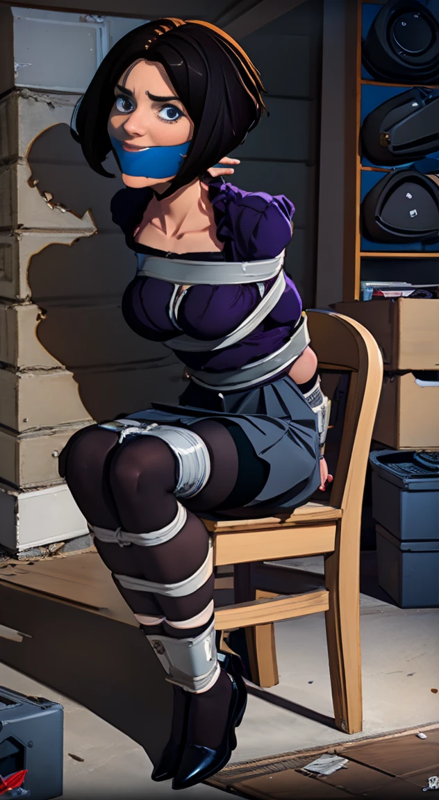 Highest quality, masterpiece, high resolution, 8k, cinematic lighting, sharp resolution, looking at viewer, various angles, medium shot, 1 woman with chin length hair, short hair, dark bob cut, thick hair, center part, sleek bob, stacked bob, voluminous hair, luxurious hair, in her 30s, purple blouse, knee length, skirt, dark stockings, and calf boots, baggy blouse, wrinkled clothing, detailed face, looking at viewer, focus on face, photo realistic, character, video game cut scene, smooth, anime, detailed face, perfect skin, beautiful, Insanely detailed, close up, duct tape gag, ((tape gag: 1.4)), gag, ((gagged)), (((arms bound behind back))), elbows taped, wrists taped, desperate struggle, thrashing, arched back, tied to chair chair tied, abducted, frightened, pleading eyes, desperate escape attempt, stalker, , true crime, peril, in a basement, in an abandoned storage unit, decaying walls
