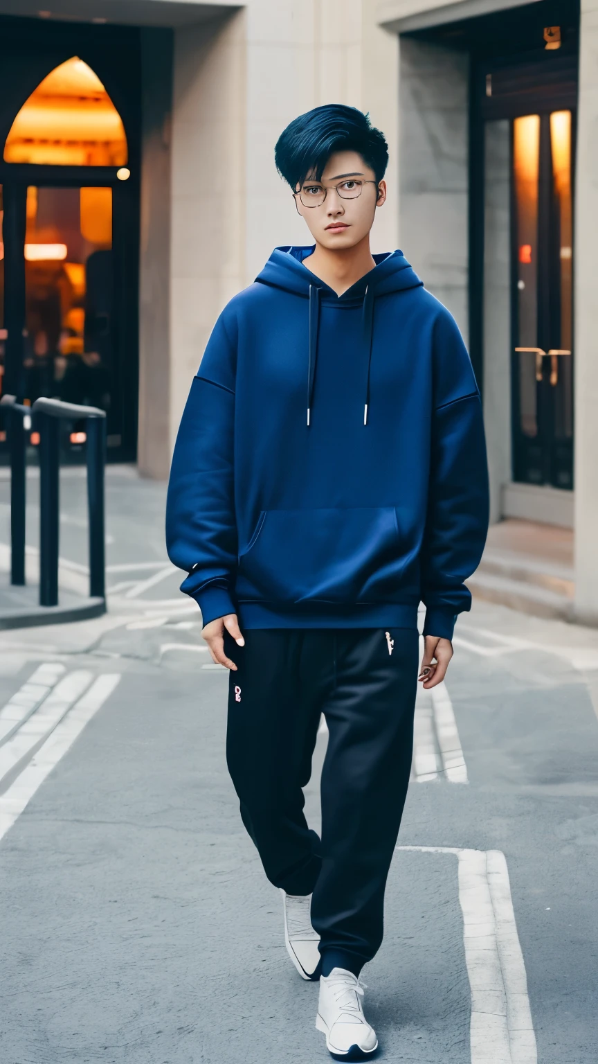 21 year age old Chinese boy, he is wearing a oversize xxl blue plain Hoodie, he is wearing black trousers, he is wearing sneakers, he is wearing glasses, nightclub, full body,  (he is Korean Hairstyle), foot, walking 