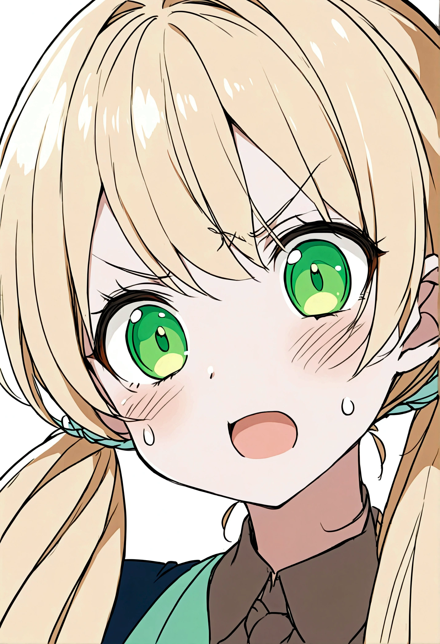 With blonde twin tails、The hair on both sides is tied up high.、
The bangs are straight、It is cut a little longer、
Eyes are large、The character has an anime-style design and sharp green eyes.、
Eyebrows are thin、There is a slight angle、Make a powerful impression、
The nose is small、It's not very noticeable though、It brings out the character's facial expression、
The mouth is small、Lightly closed、Her facial expression conveys her strong will and determination.、
The face shape is elongated、Cheekbones appear slightly higher、